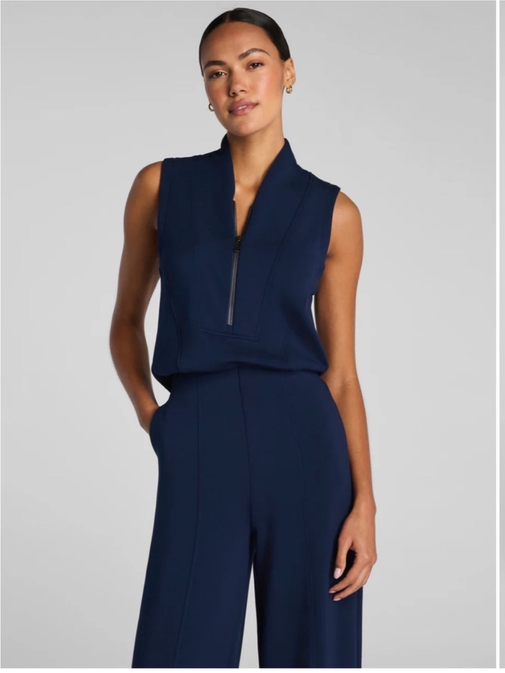 SPANX AirEssentials Shawl Collar Half Zip Jumpsuit Large Reg Timeless Navy NWT - Picture 6 of 12